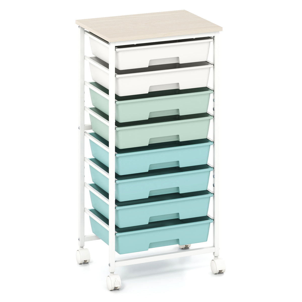 Rolling Cart with 8 Drawers and Wooden Tabletop with Lockable Wheels for Home Office