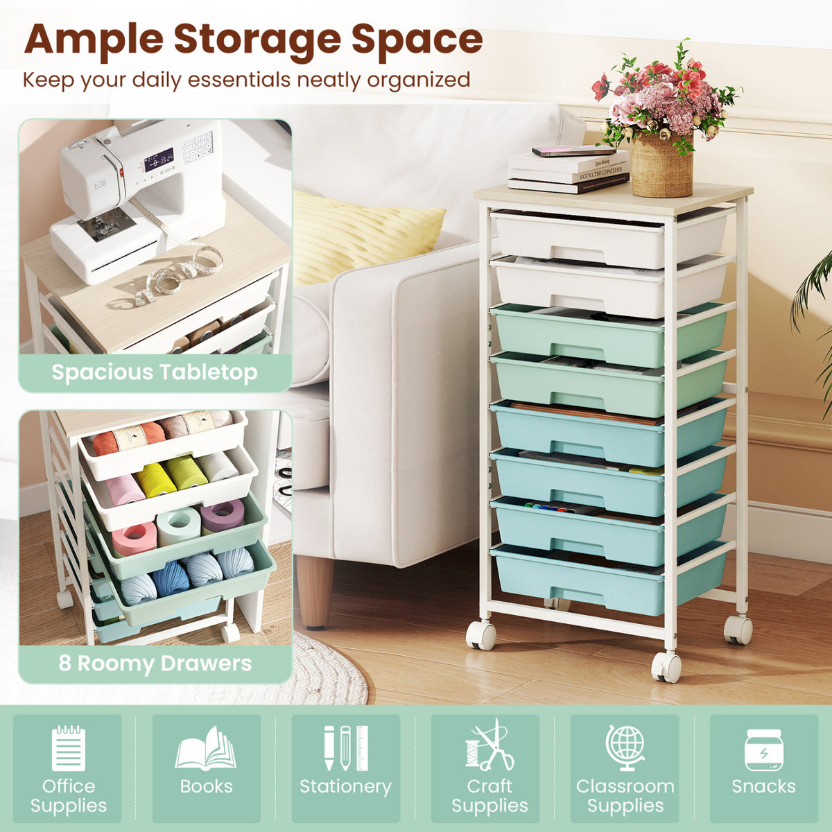 Rolling Cart with 8 Drawers and Wooden Tabletop with Lockable Wheels for Home Office