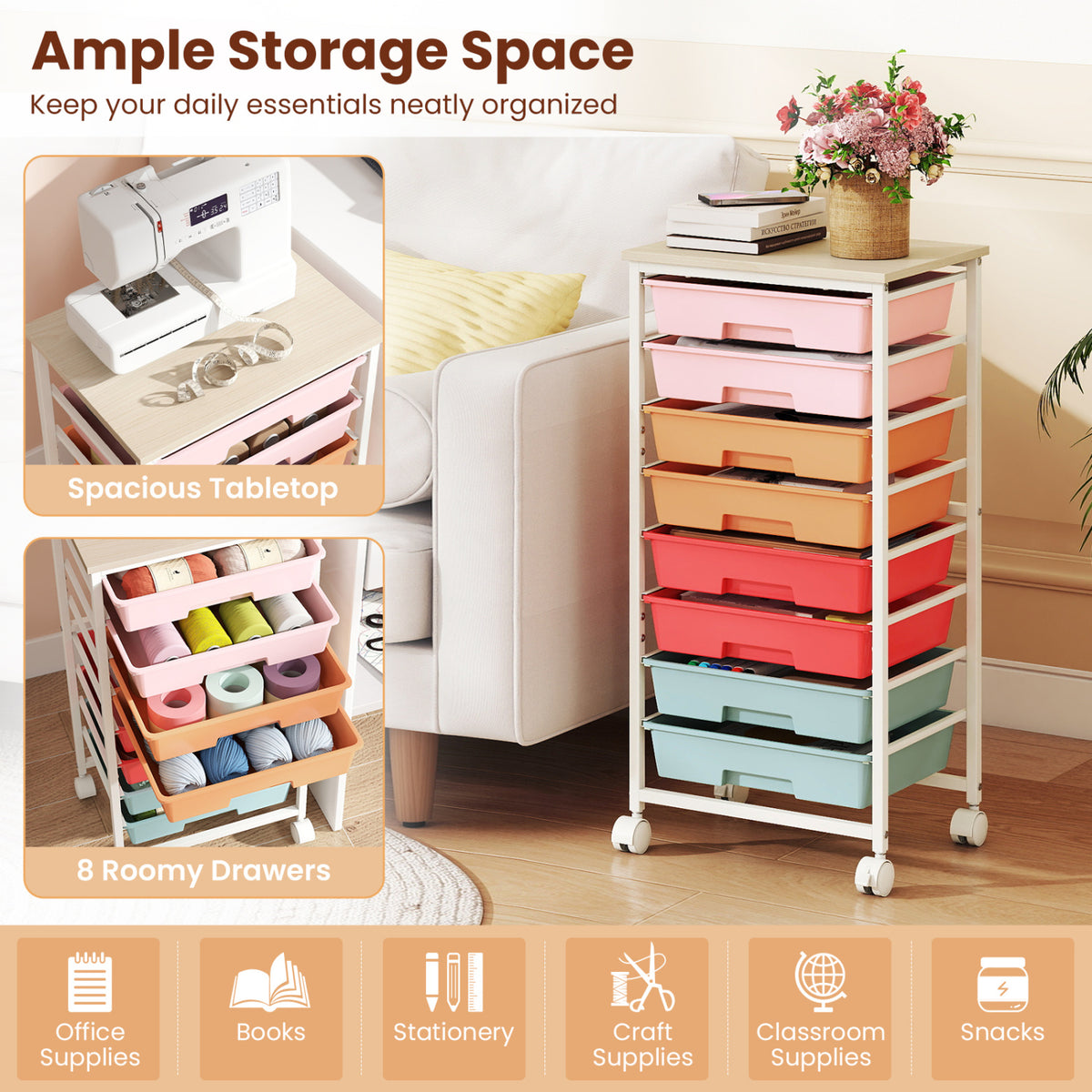 Rolling Cart with 8 Drawers and Wooden Tabletop with Lockable Wheels for Home Office