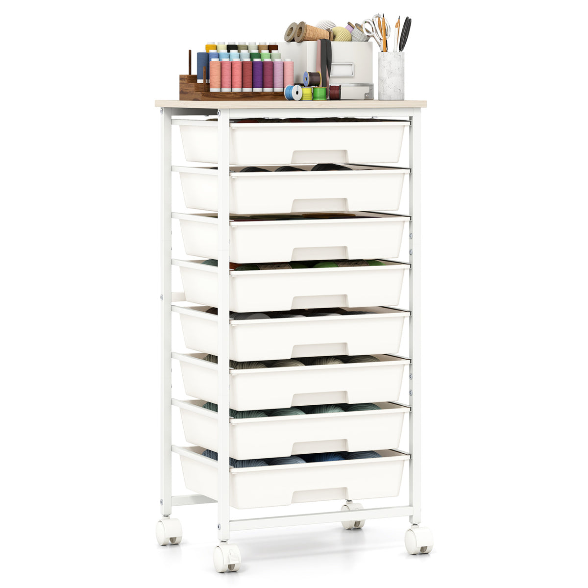 Rolling Cart with 8 Drawers and Wooden Tabletop with Lockable Wheels for Home Office
