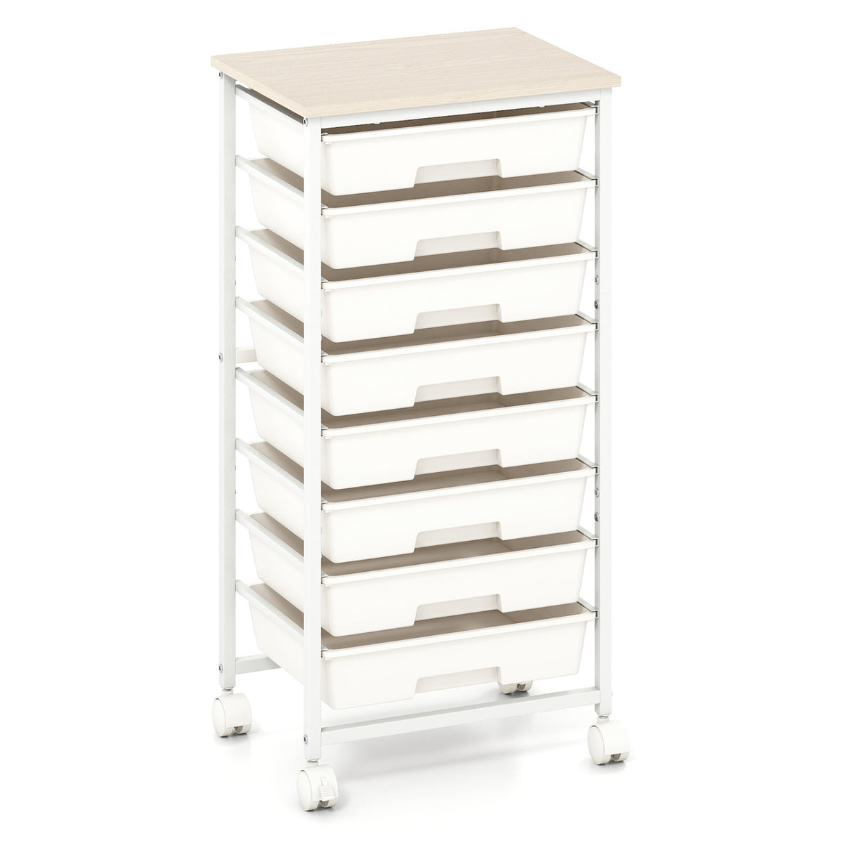 Rolling Cart with 8 Drawers and Wooden Tabletop with Lockable Wheels for Home Office