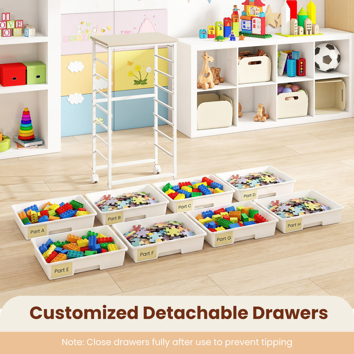 Rolling Cart with 8 Drawers and Wooden Tabletop with Lockable Wheels for Home Office