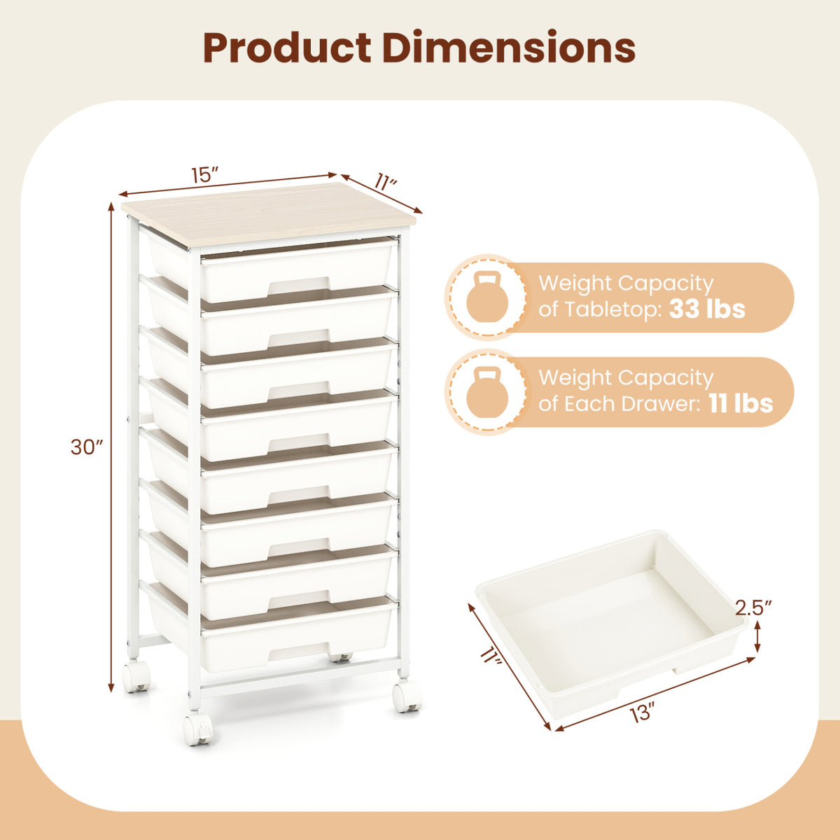 Rolling Cart with 8 Drawers and Wooden Tabletop with Lockable Wheels for Home Office