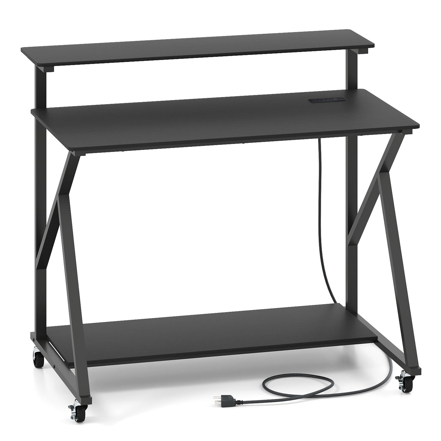 Rolling Computer Desk with Charging Station and Monitor Shelf Storage for Home Office