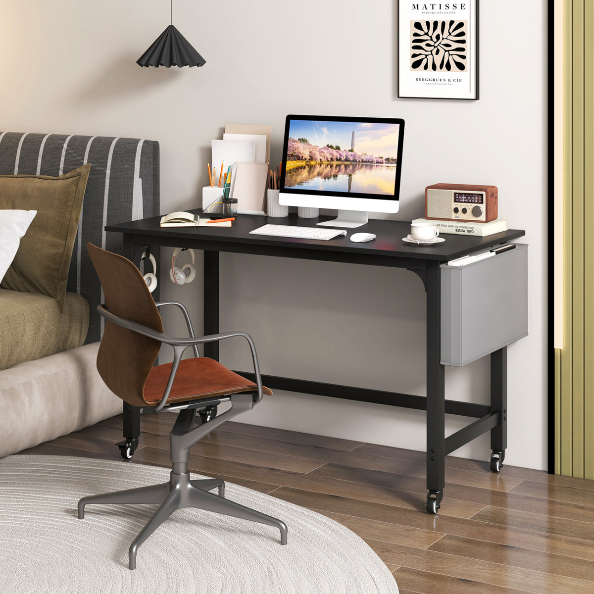 Rolling Computer Desk with Headphone Hooks and Lockable Wheels for Home Office