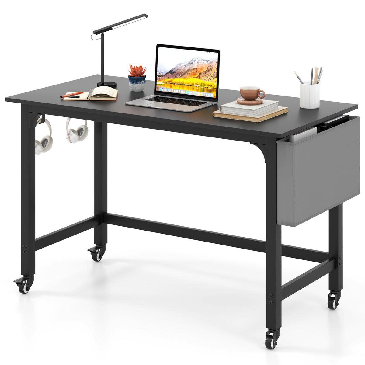 Rolling Computer Desk with Headphone Hooks and Lockable Wheels for Home Office