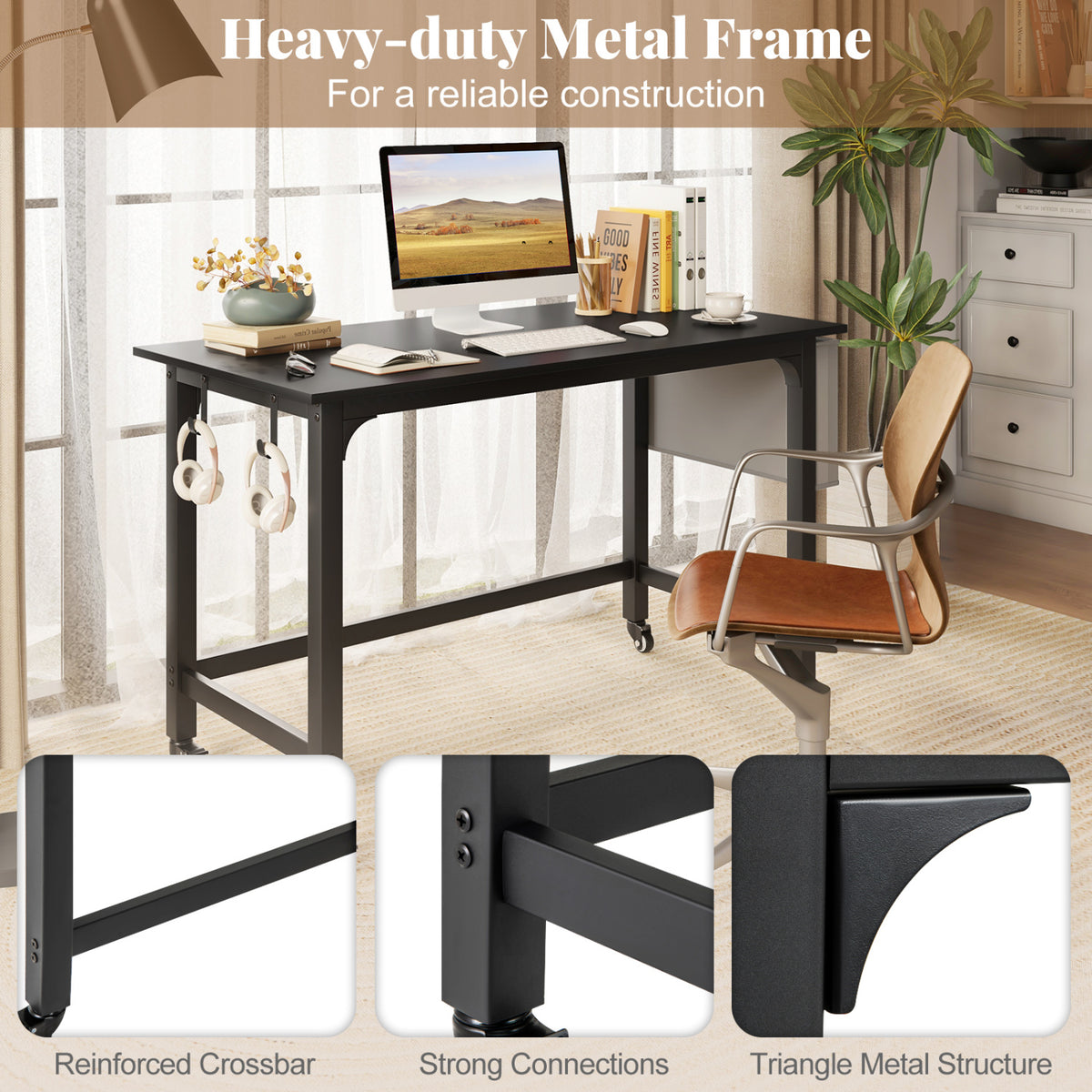 Rolling Computer Desk with Headphone Hooks and Lockable Wheels for Home Office