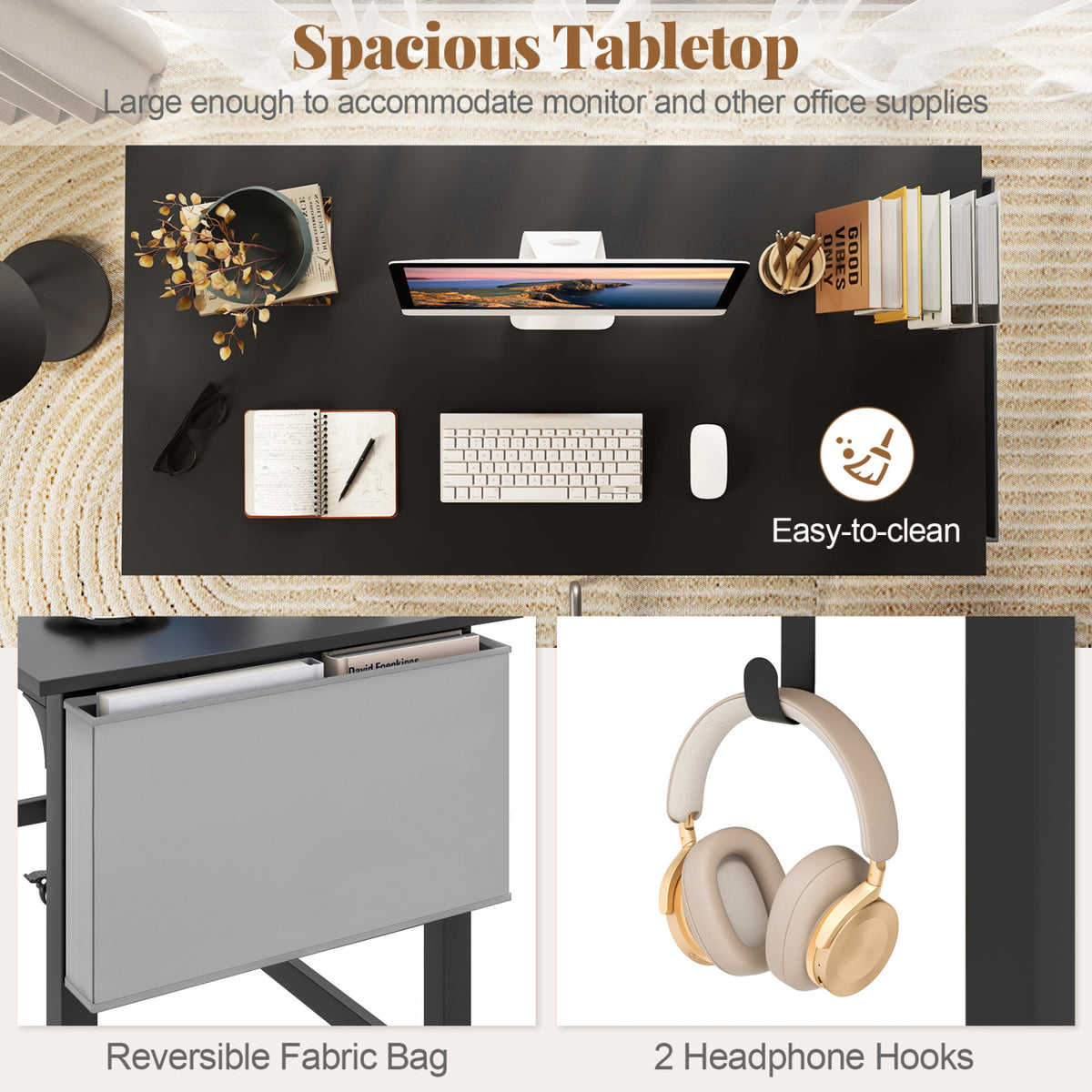 Rolling Computer Desk with Headphone Hooks and Lockable Wheels for Home Office