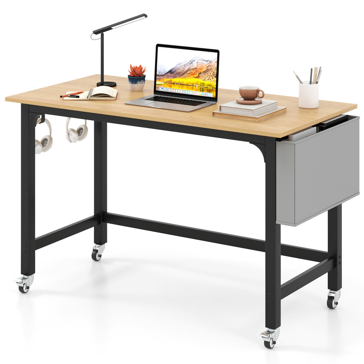Rolling Computer Desk with Headphone Hooks and Lockable Wheels for Home Office