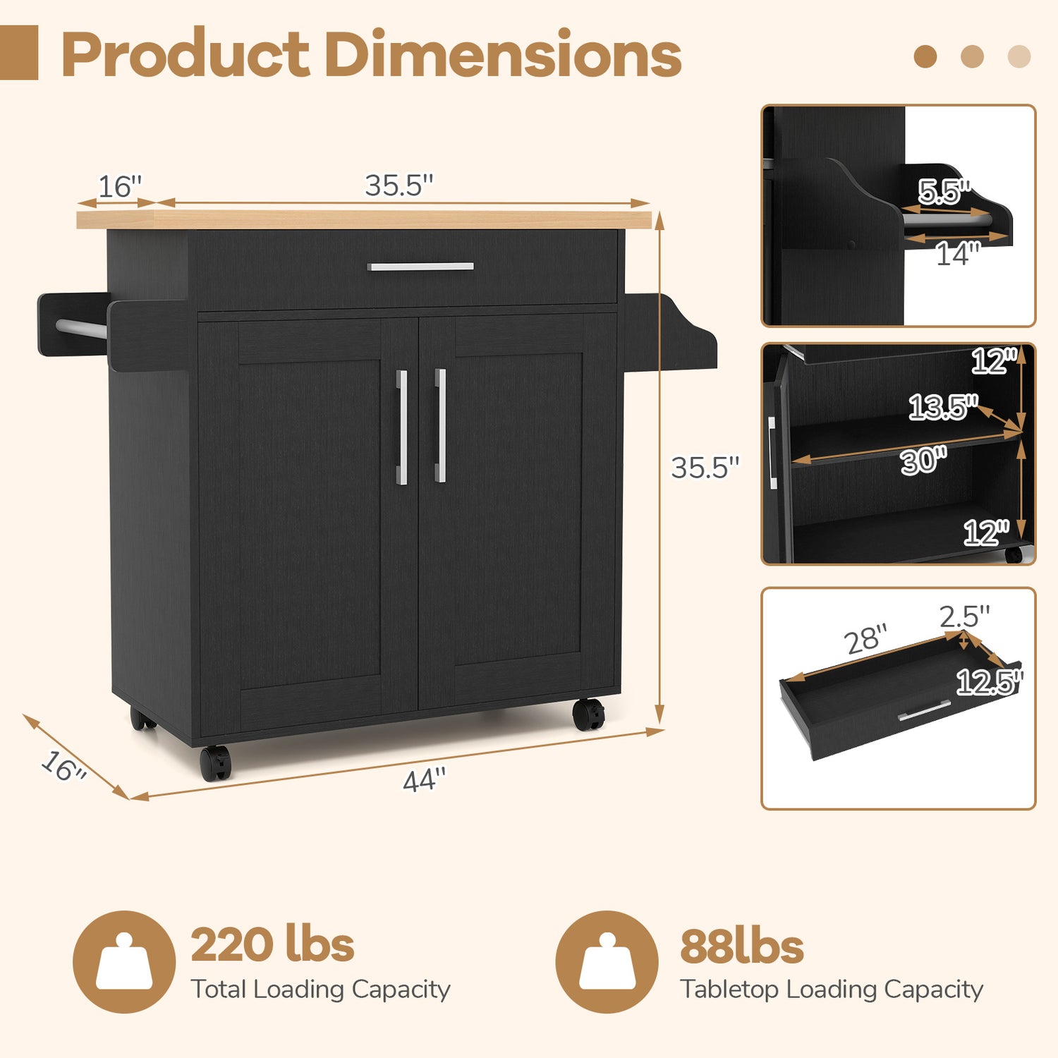 Rolling Kitchen Island Cart with Towel and Spice Rack