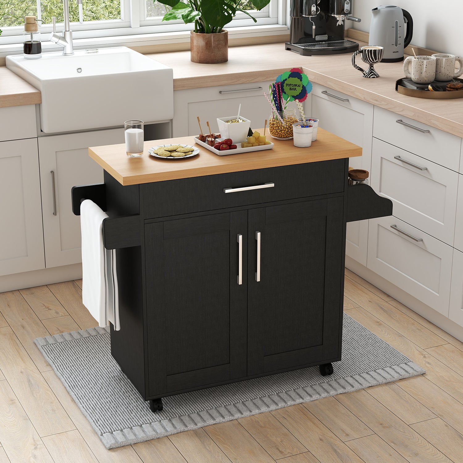 Rolling Kitchen Island Cart with Towel and Spice Rack