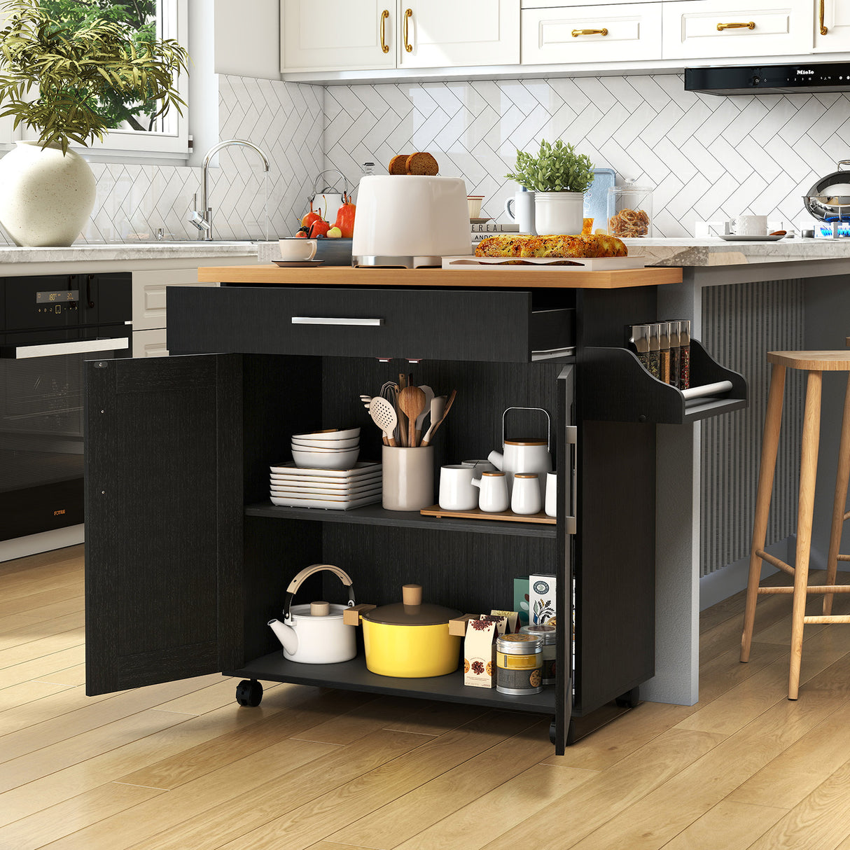 Rolling Kitchen Island Cart with Towel and Spice Rack