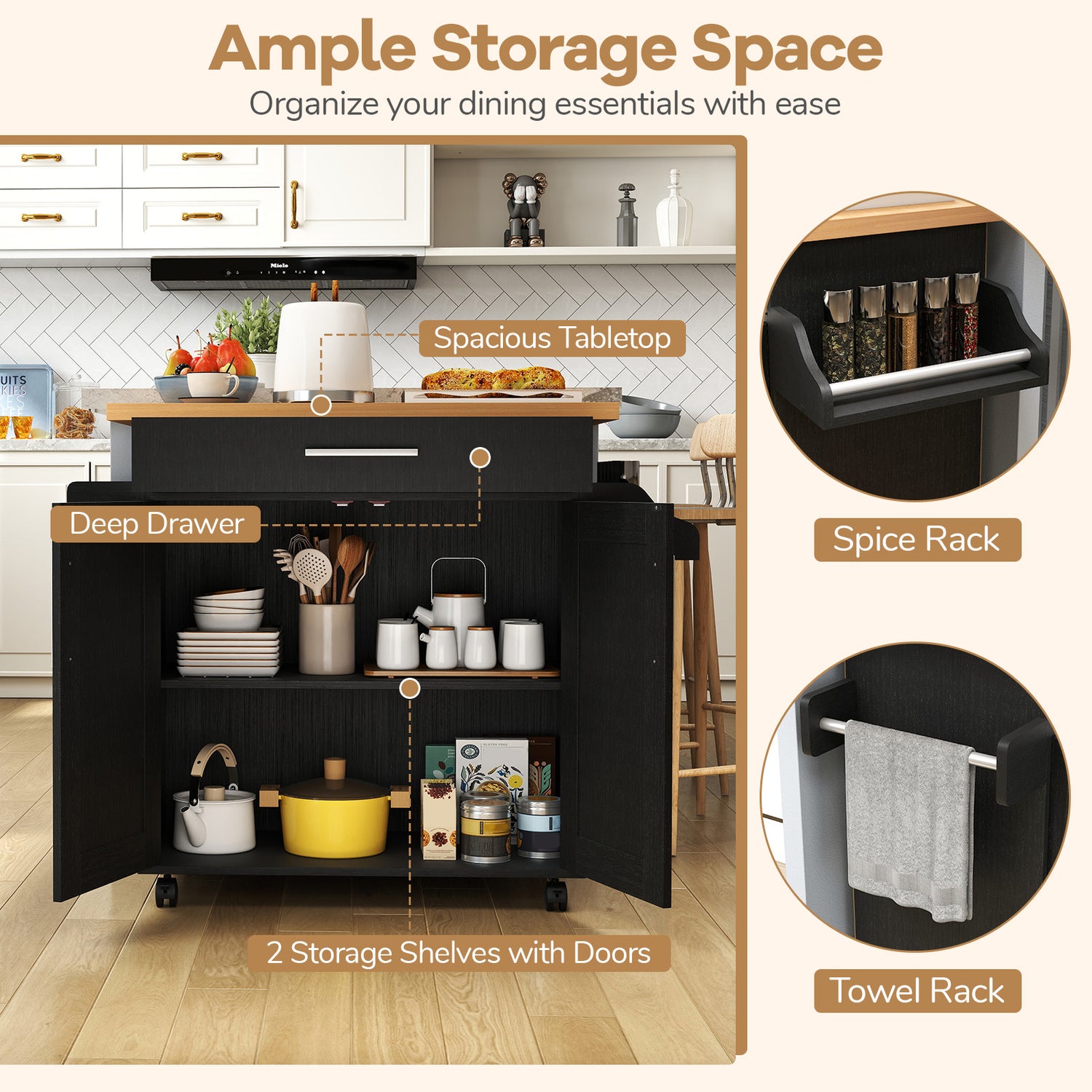 Rolling Kitchen Island Cart with Towel and Spice Rack