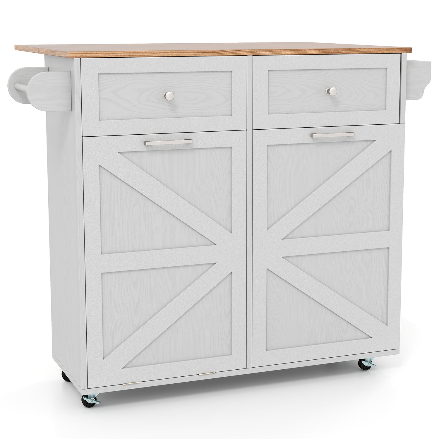Rolling Kitchen Island with Trash Can Cabinet and Rubber Universal Wheels