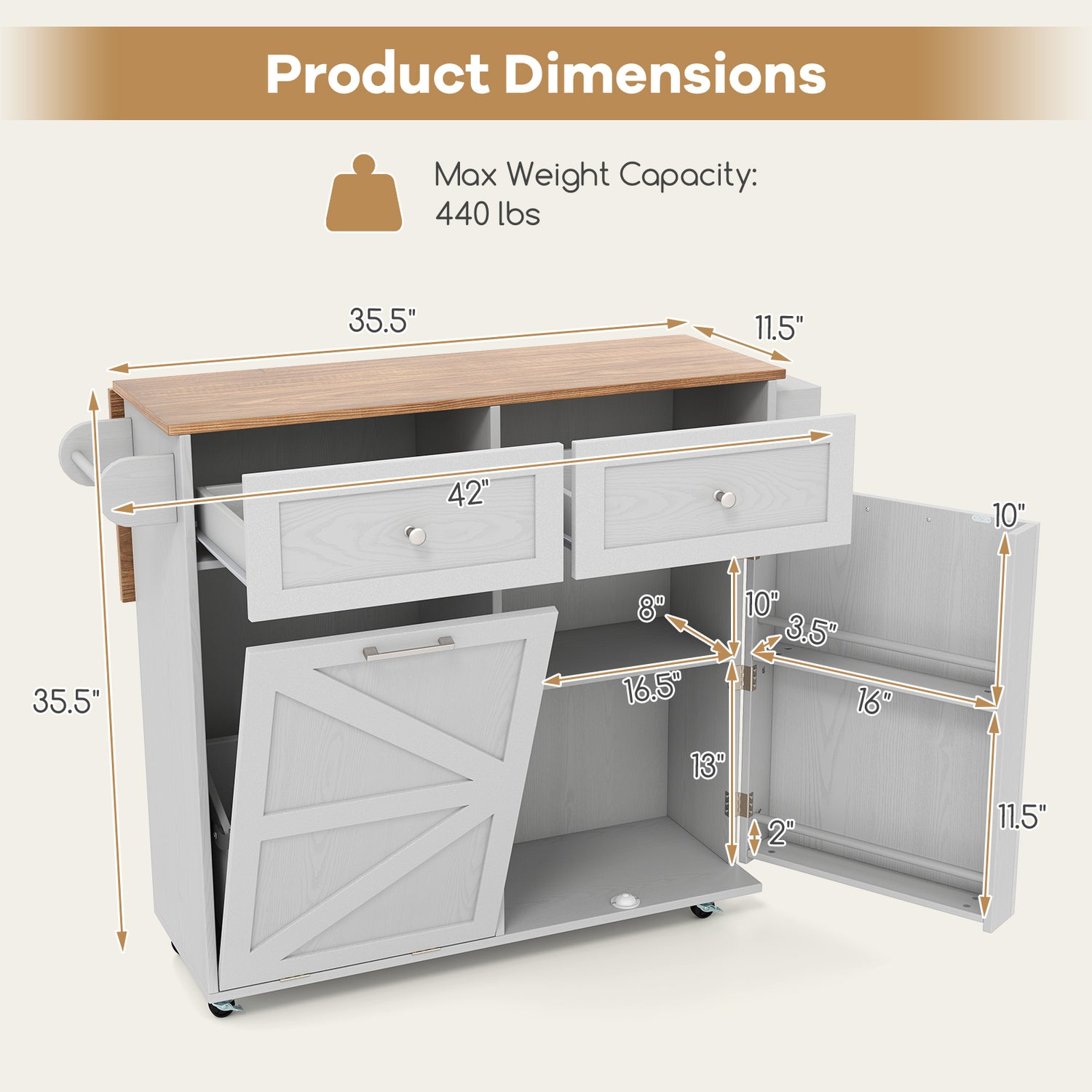 Rolling Kitchen Island with Trash Can Cabinet and Rubber Universal Wheels