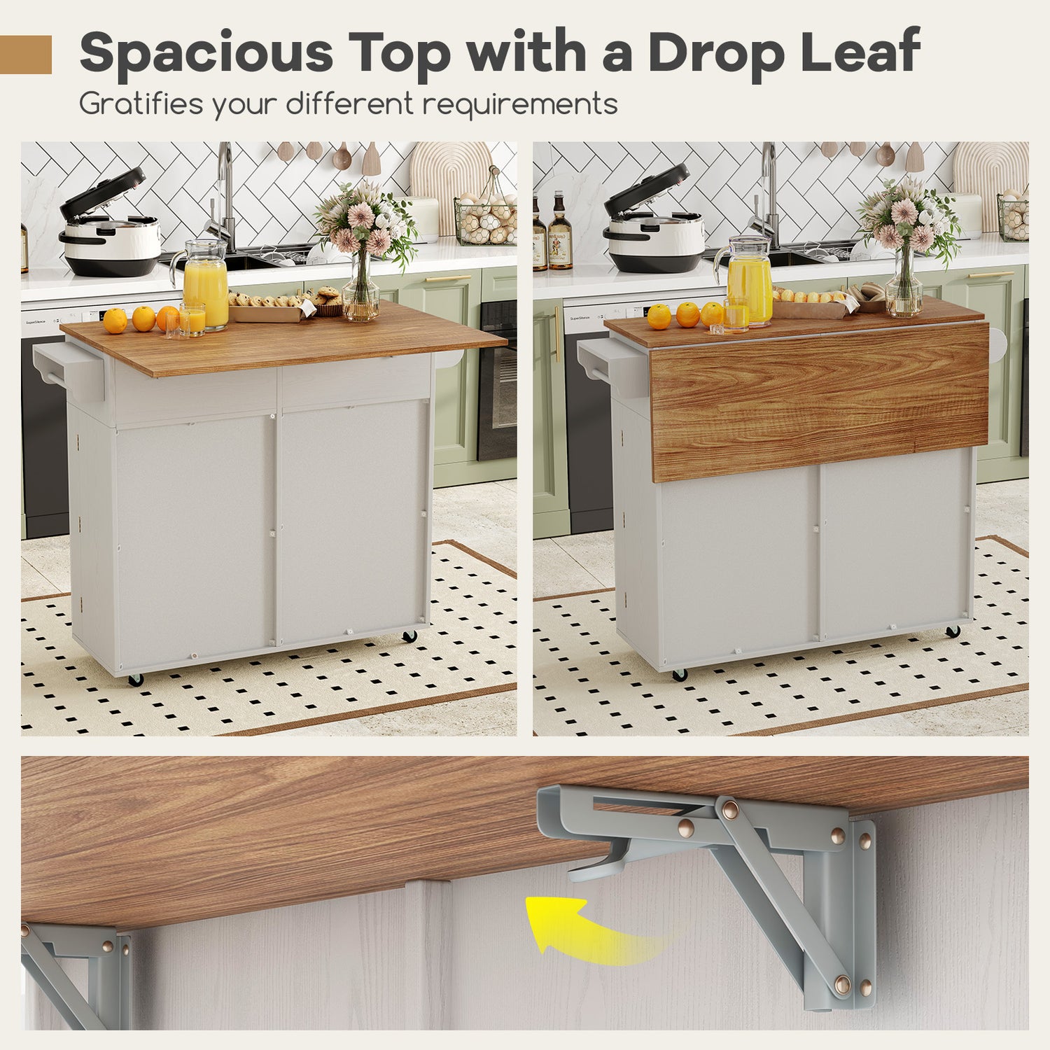 Rolling Kitchen Island with Trash Can Cabinet and Rubber Universal Wheels
