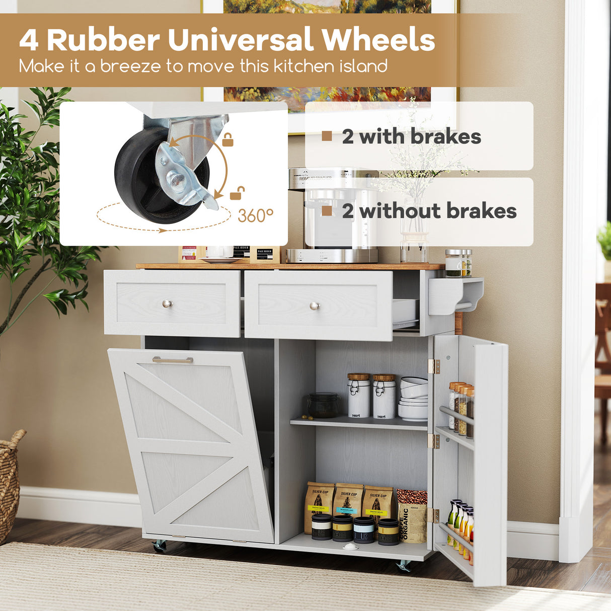 Rolling Kitchen Island with Trash Can Cabinet and Rubber Universal Wheels