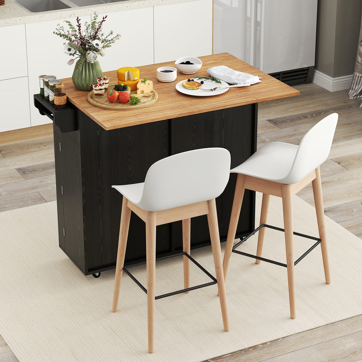 Rolling Kitchen Island with Trash Can Cabinet and Rubber Universal Wheels