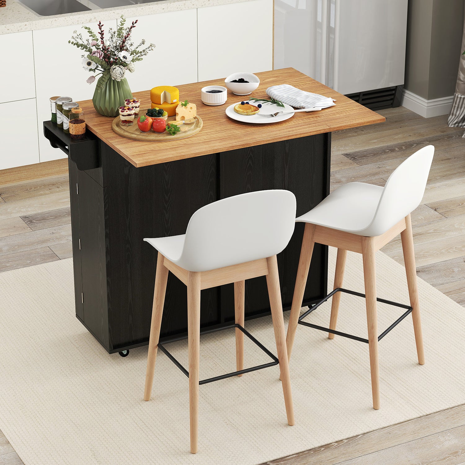 Rolling Kitchen Island with Trash Can Cabinet and Rubber Universal Wheels