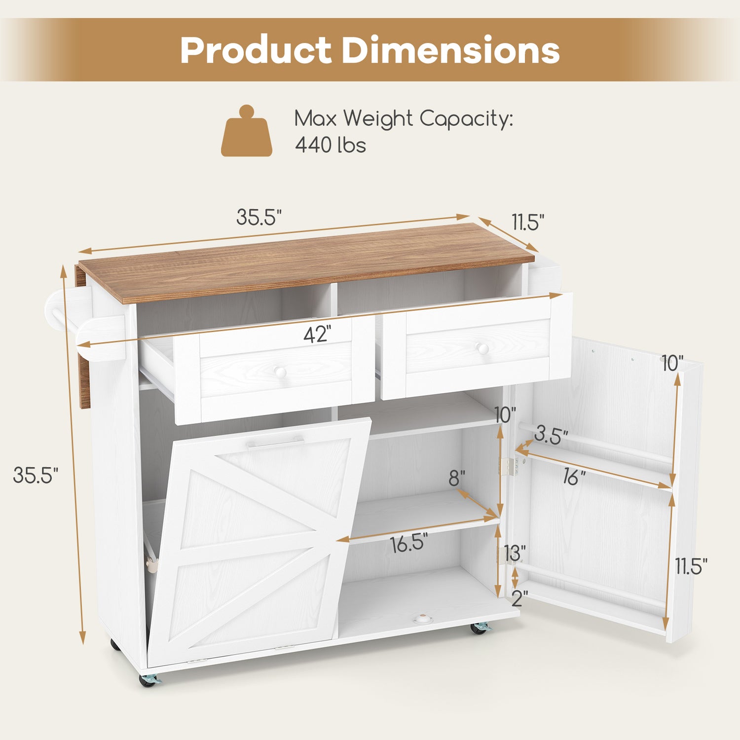 Rolling Kitchen Island with Trash Can Cabinet and Rubber Universal Wheels