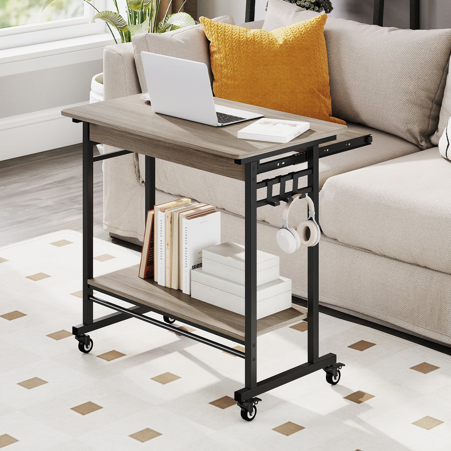 Rolling Laptop Table with Pull-out Keyboard Tray and Hooks