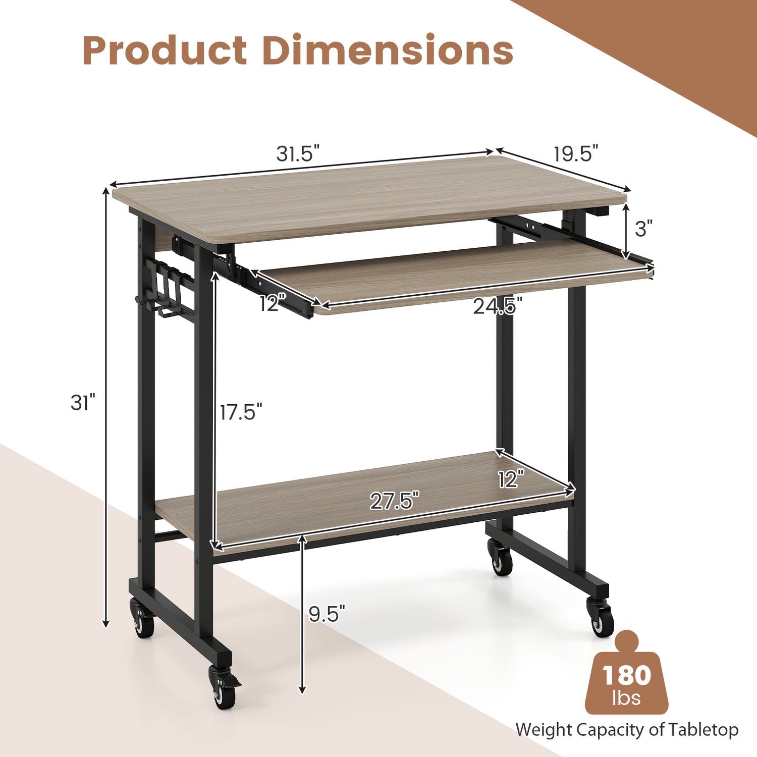 Rolling Laptop Table with Pull-out Keyboard Tray and Hooks