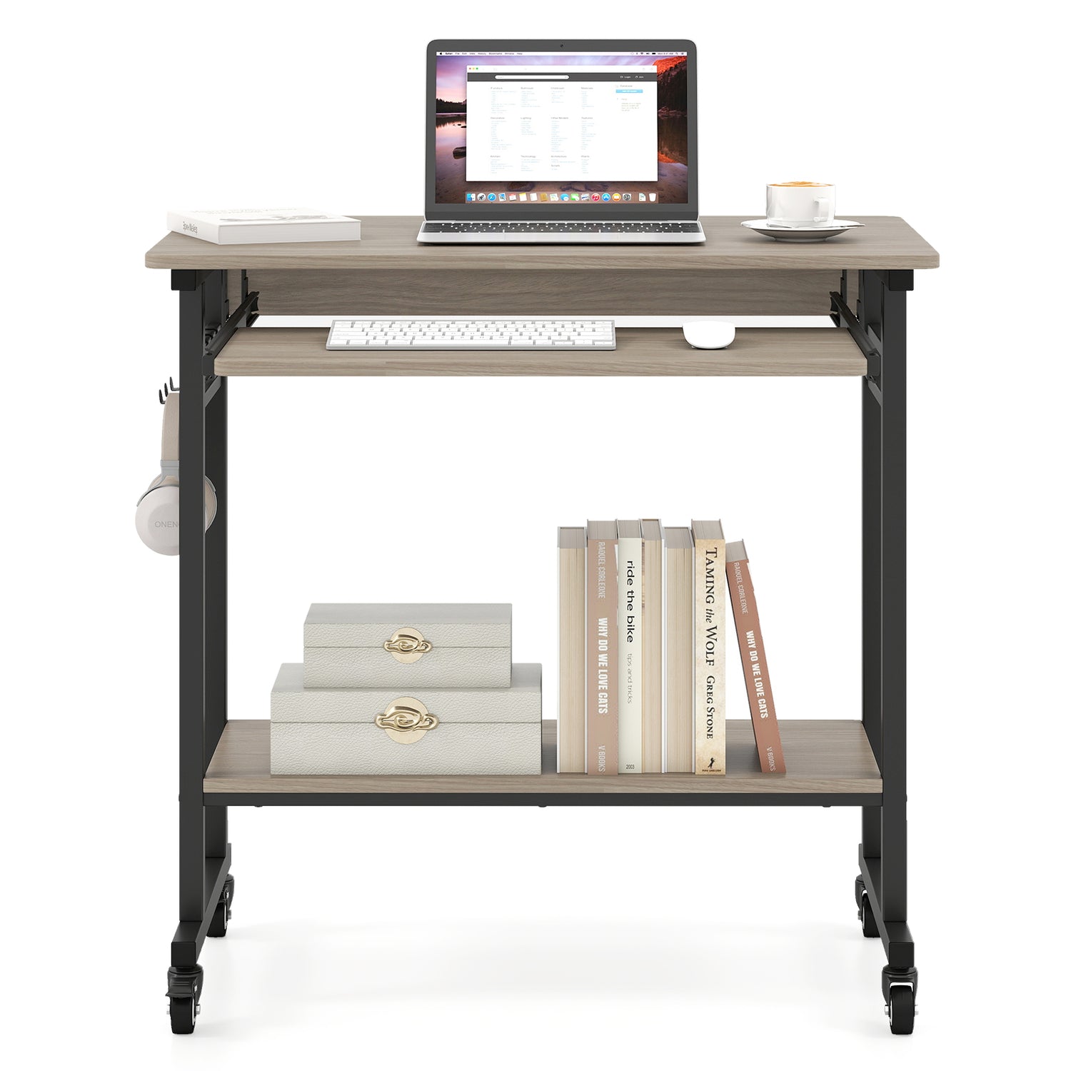 Rolling Laptop Table with Pull-out Keyboard Tray and Hooks