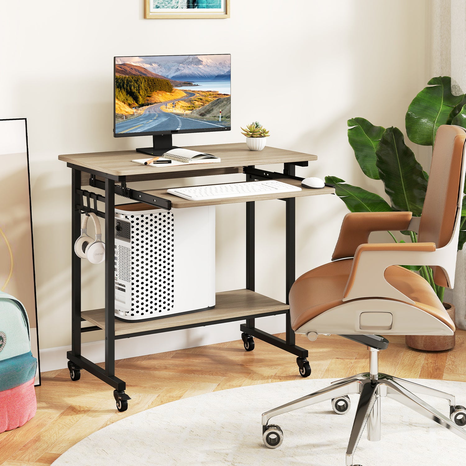 Rolling Laptop Table with Pull-out Keyboard Tray and Hooks