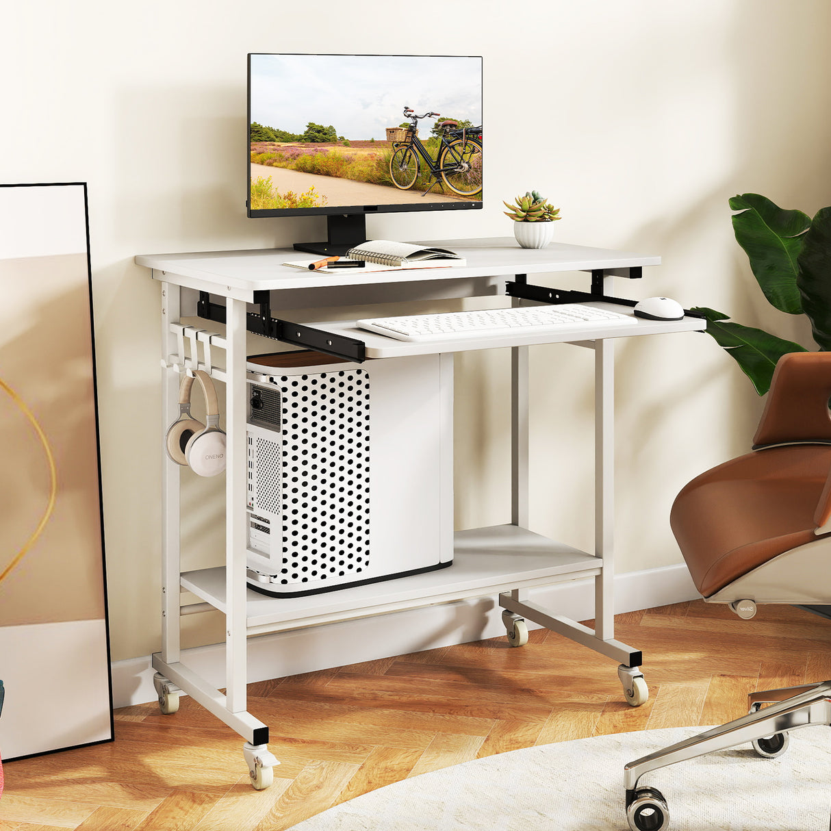 Rolling Laptop Table with Pull-out Keyboard Tray and Hooks