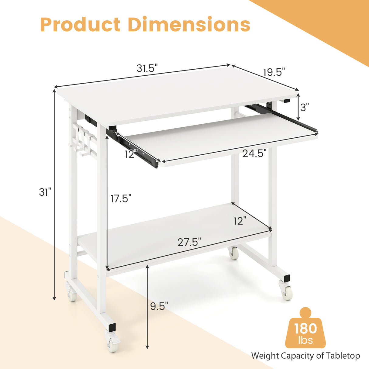 Rolling Laptop Table with Pull-out Keyboard Tray and Hooks