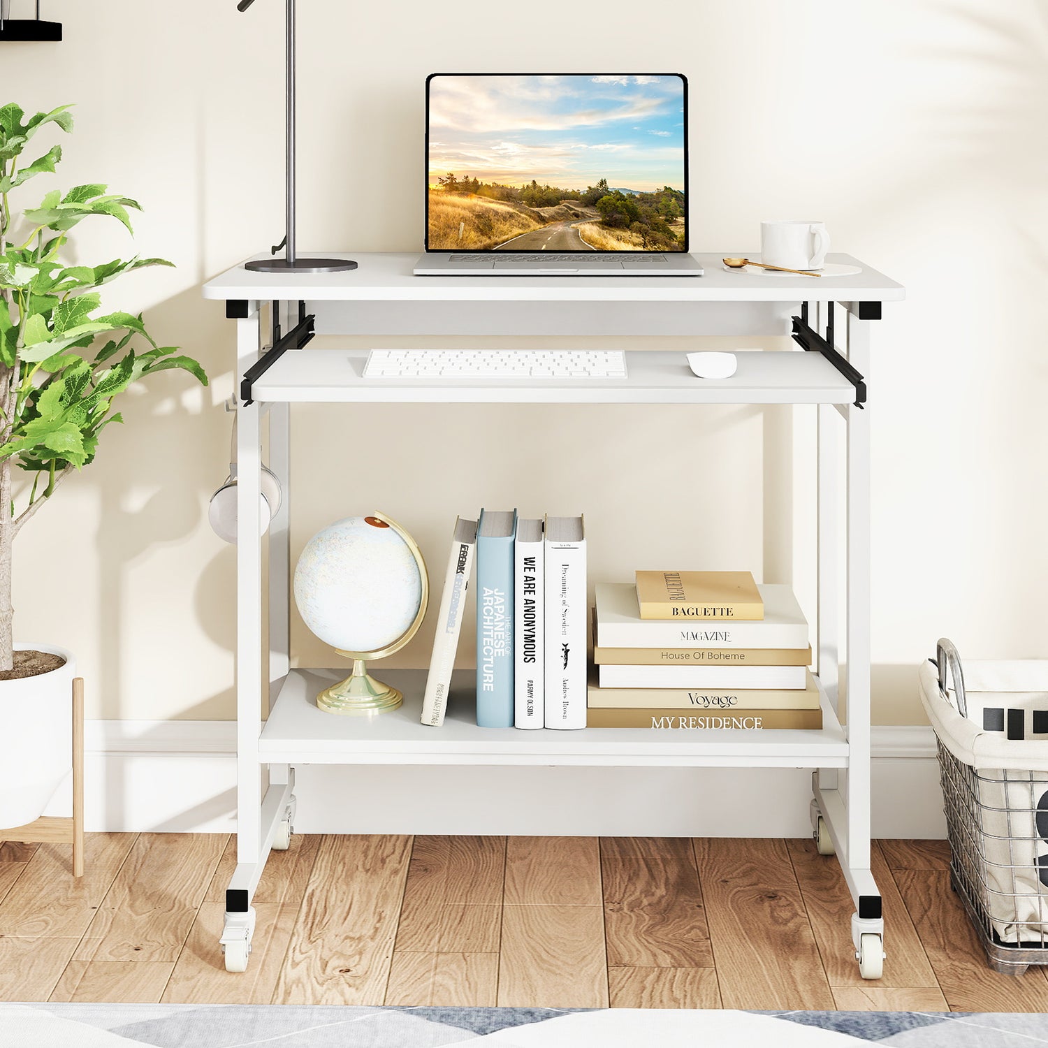 Rolling Laptop Table with Pull-out Keyboard Tray and Hooks