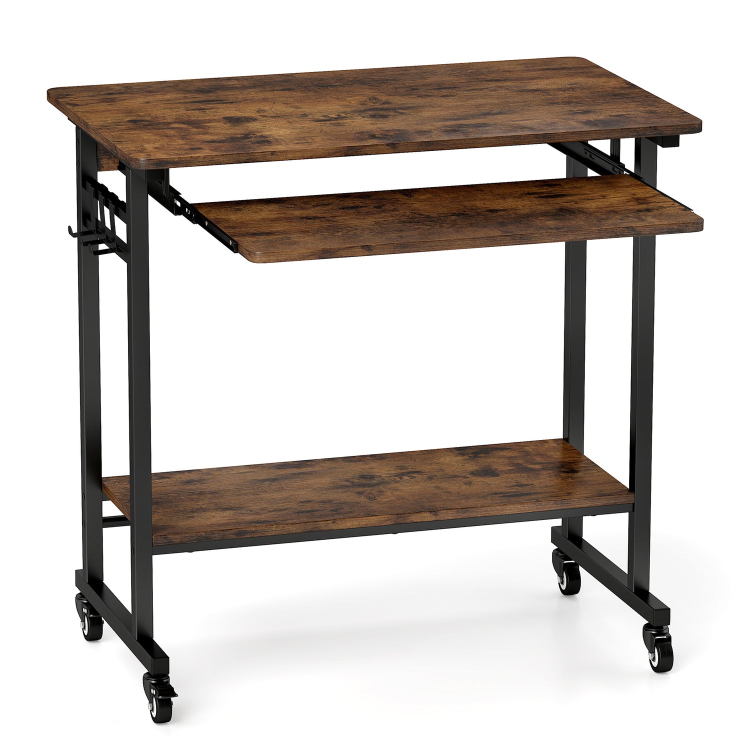 Rolling Laptop Table with Pull-out Keyboard Tray and Hooks