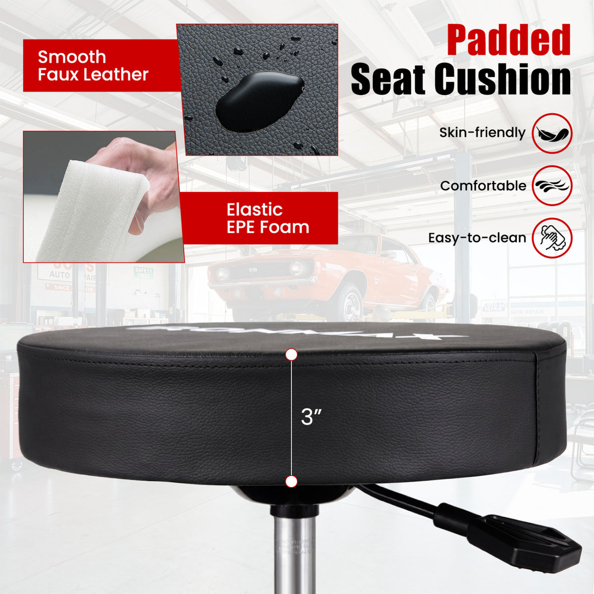 Rolling Mechanic Stool with Cushioned Seat & Dual Tool Trays 330 LBS-Red