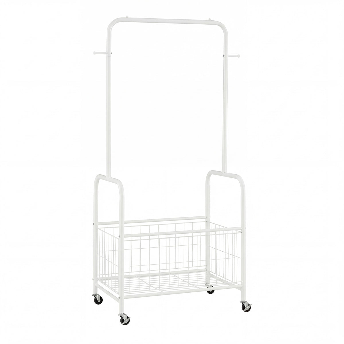 Rolling Metal Clothes Rack with Hanging Rod and Storage Basket