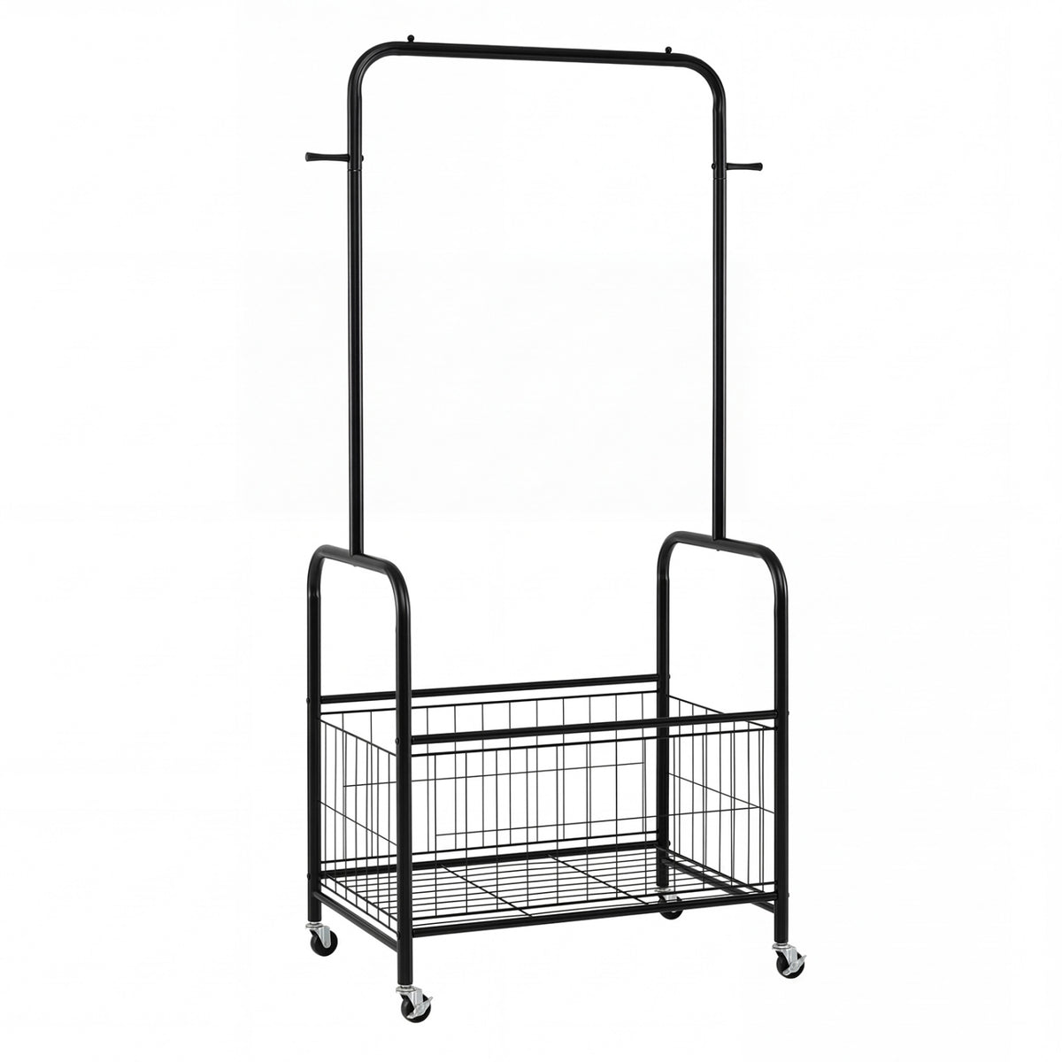 Rolling Metal Clothes Rack with Hanging Rod and Storage Basket