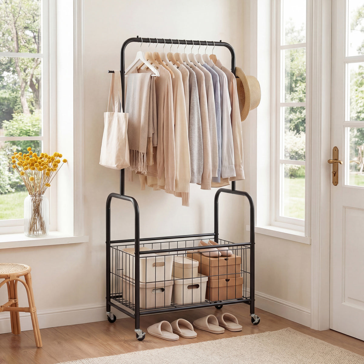 Rolling Metal Clothes Rack with Hanging Rod and Storage Basket