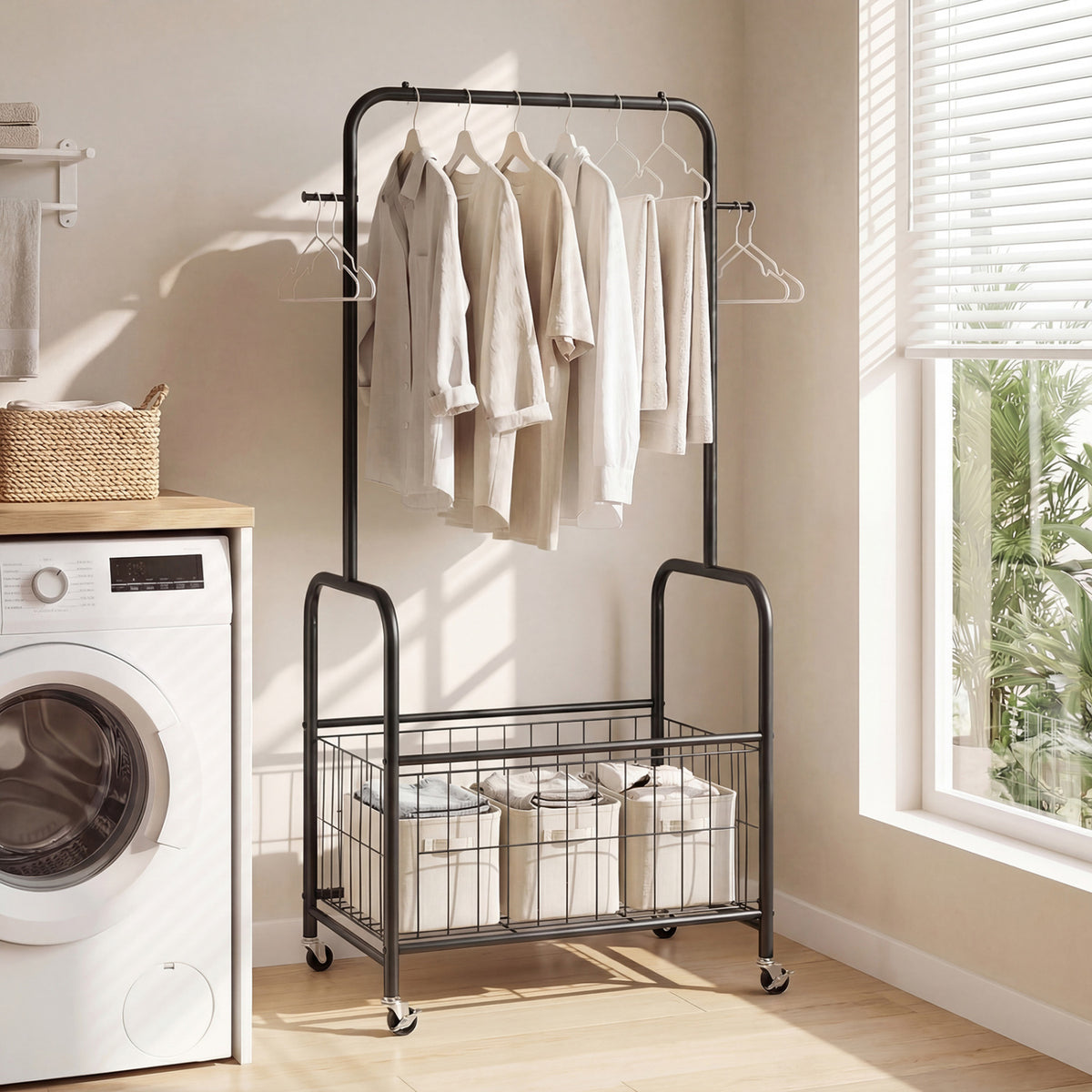 Rolling Metal Clothes Rack with Hanging Rod and Storage Basket