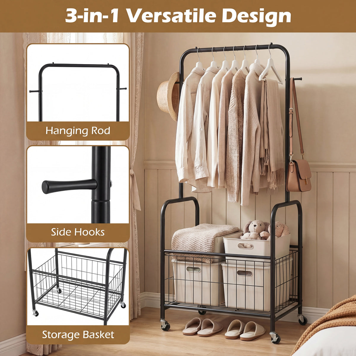 Rolling Metal Clothes Rack with Hanging Rod and Storage Basket