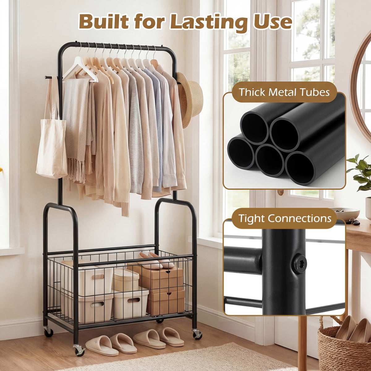 Rolling Metal Clothes Rack with Hanging Rod and Storage Basket