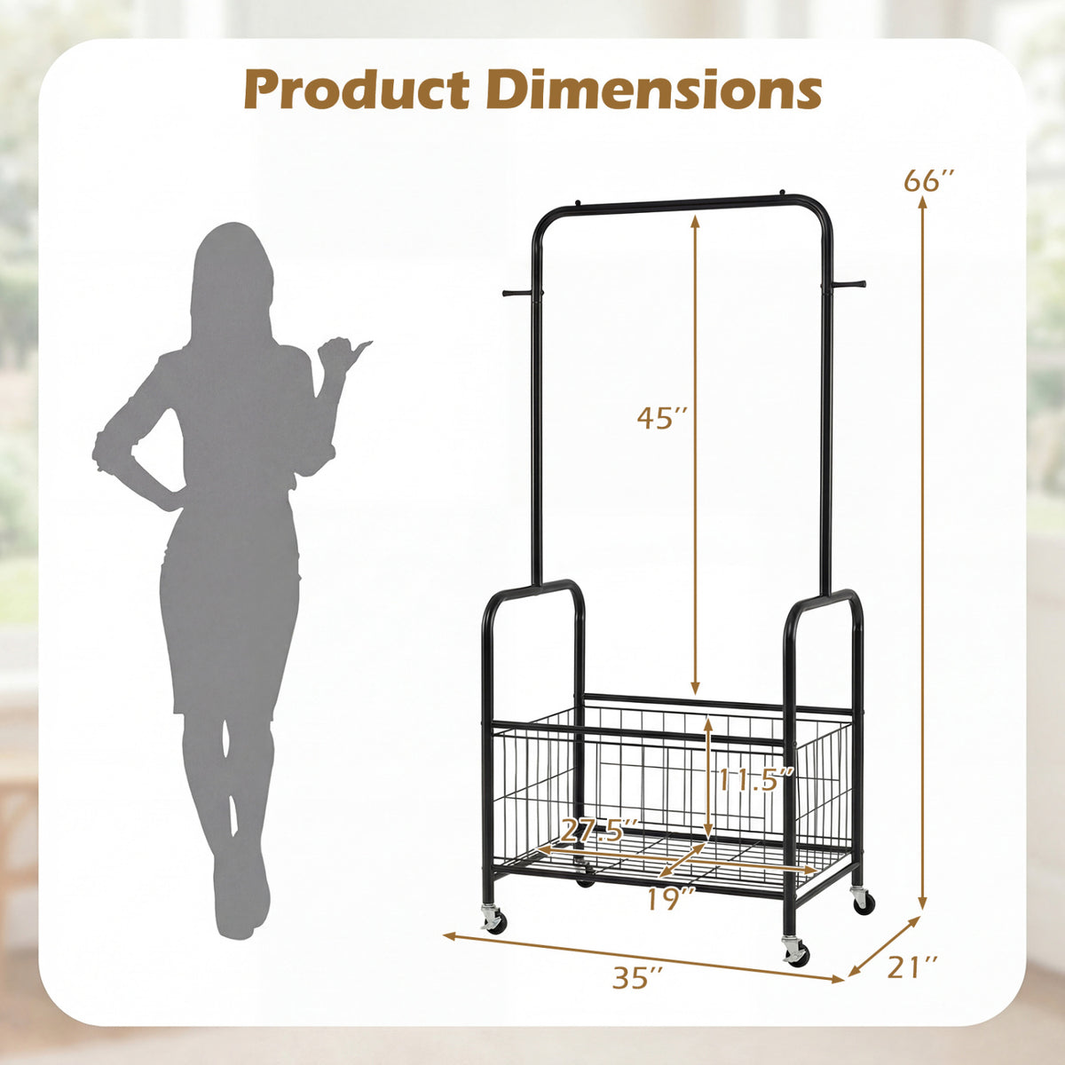 Rolling Metal Clothes Rack with Hanging Rod and Storage Basket