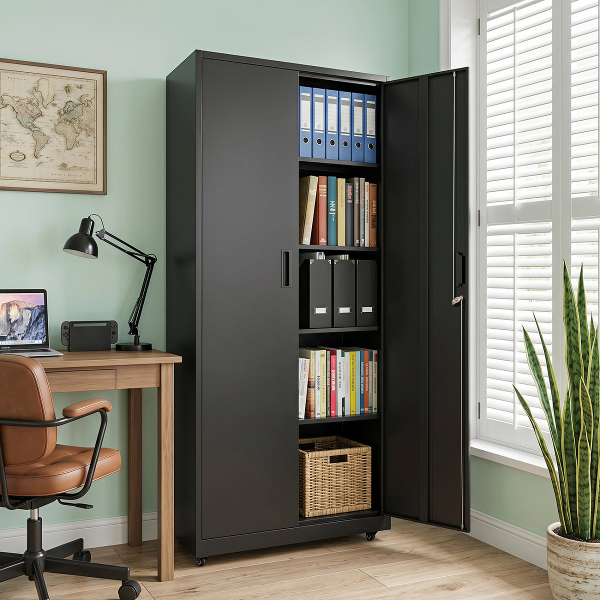 Rolling Metal Storage Cabinet 73 Inches Lockable File Cabinet with 4 Smooth Wheels-Black