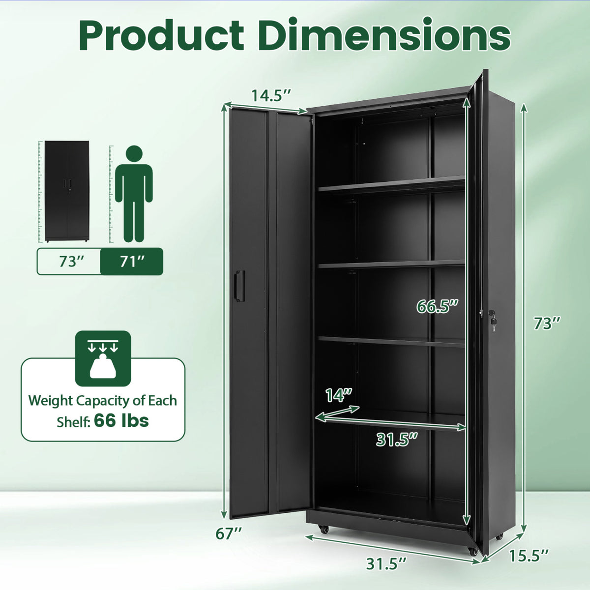 Rolling Metal Storage Cabinet 73 Inches Lockable File Cabinet with 4 Smooth Wheels-Black
