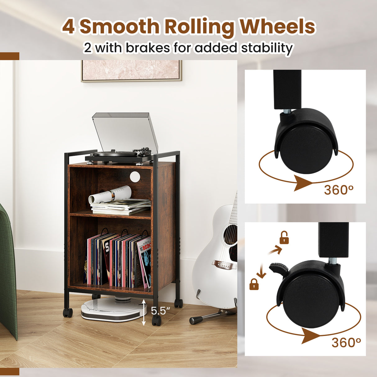Mobile Record Player Stand with Power Outlet-Rustic Brown