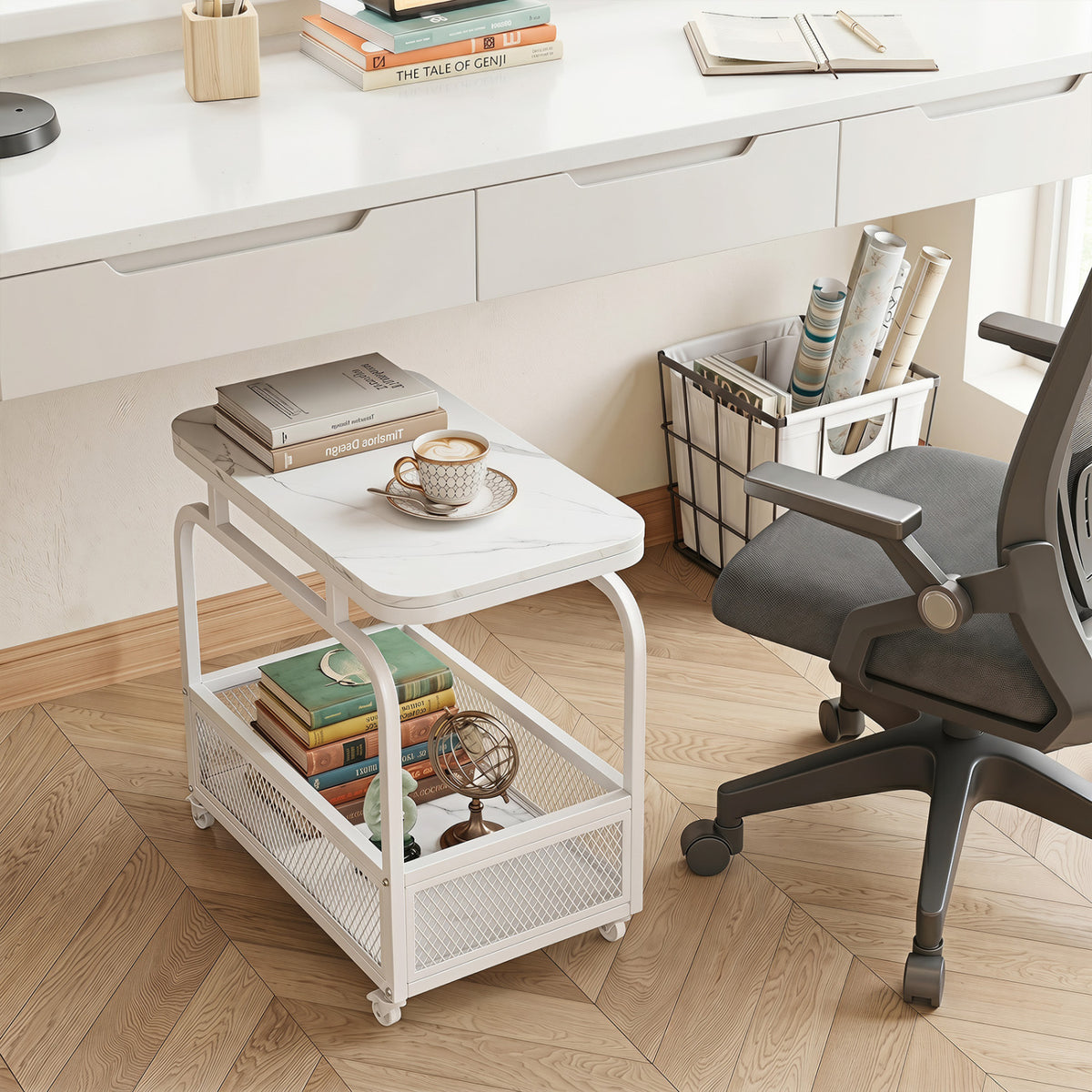 Rolling Side Table 2-Tier Narrow End Table with Mesh Storage Basket-White