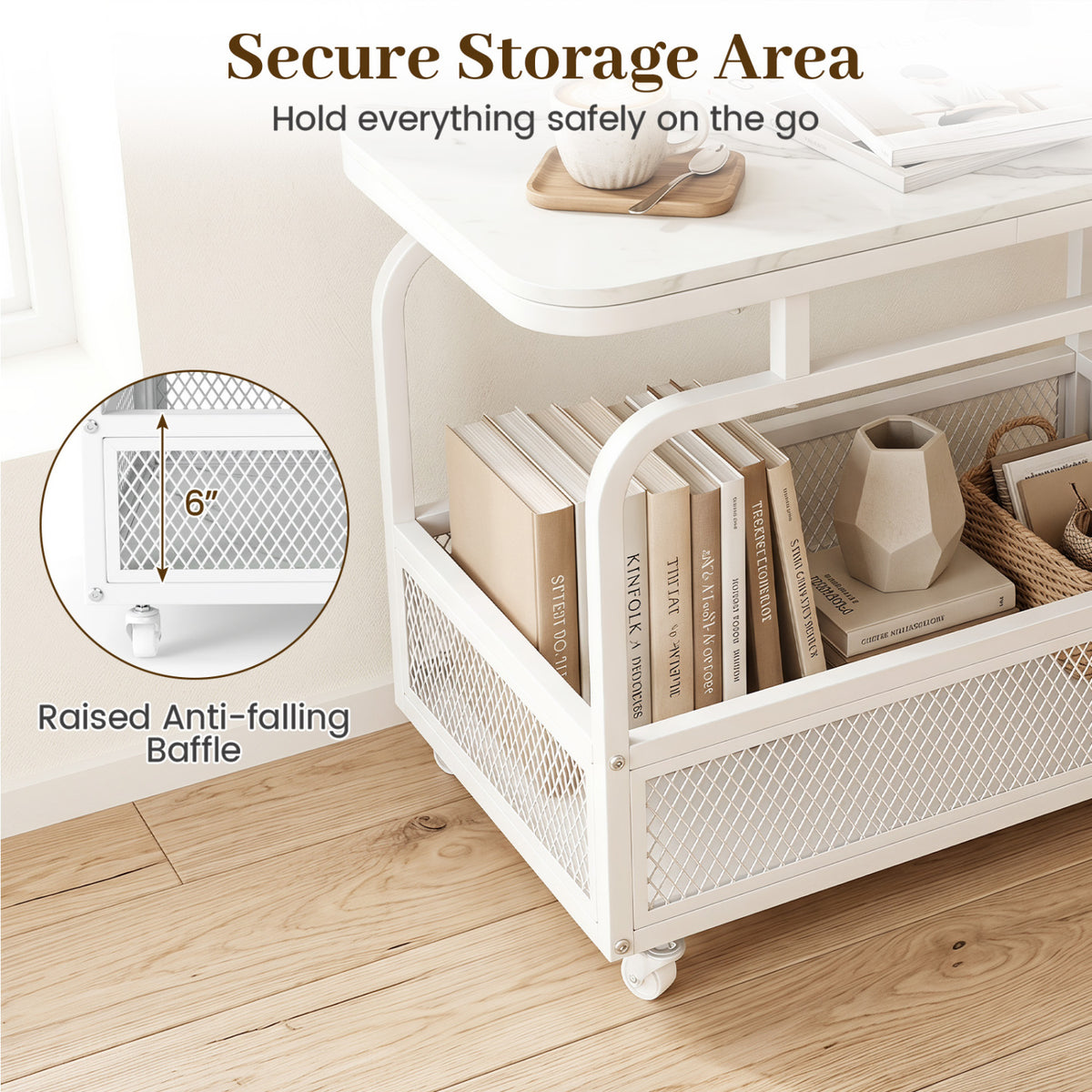 Rolling Side Table 2-Tier Narrow End Table with Mesh Storage Basket-White