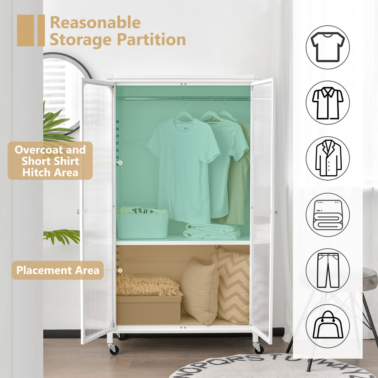 Rolling Storage Armoire Closet with Hanging Rod and Adjustable Shelf-White