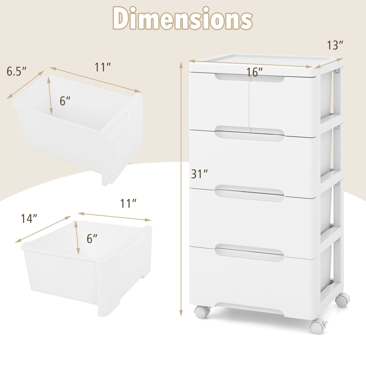 Rolling Storage Cabinet with Universal Wheels and 5/6/7 Drawers-5 Drawers
