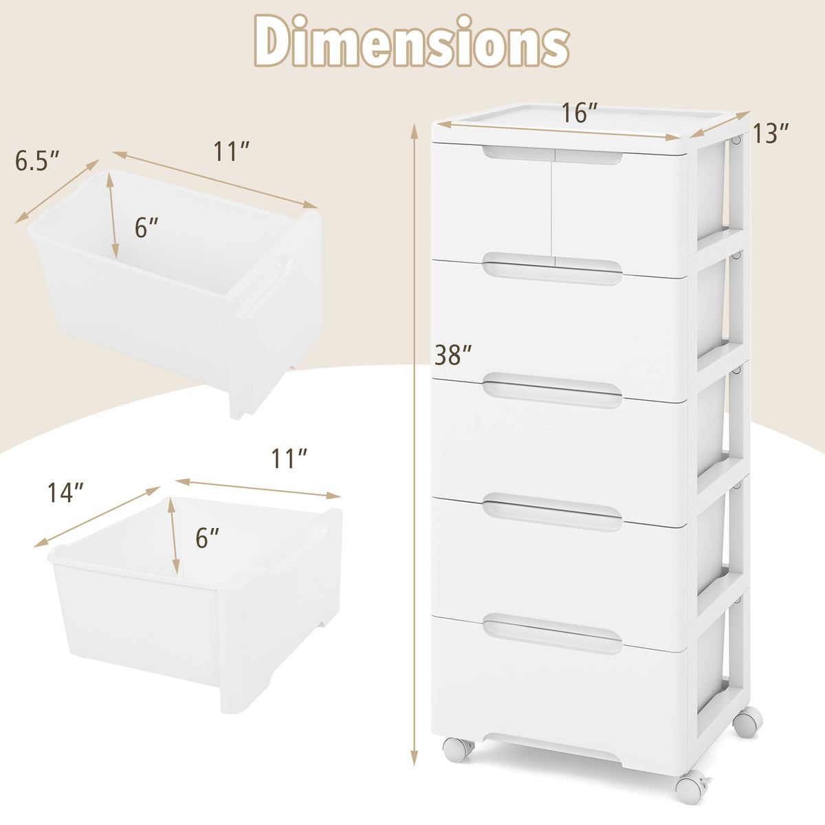 Rolling Storage Cabinet with Universal Wheels and 5/6/7 Drawers-5 Drawers