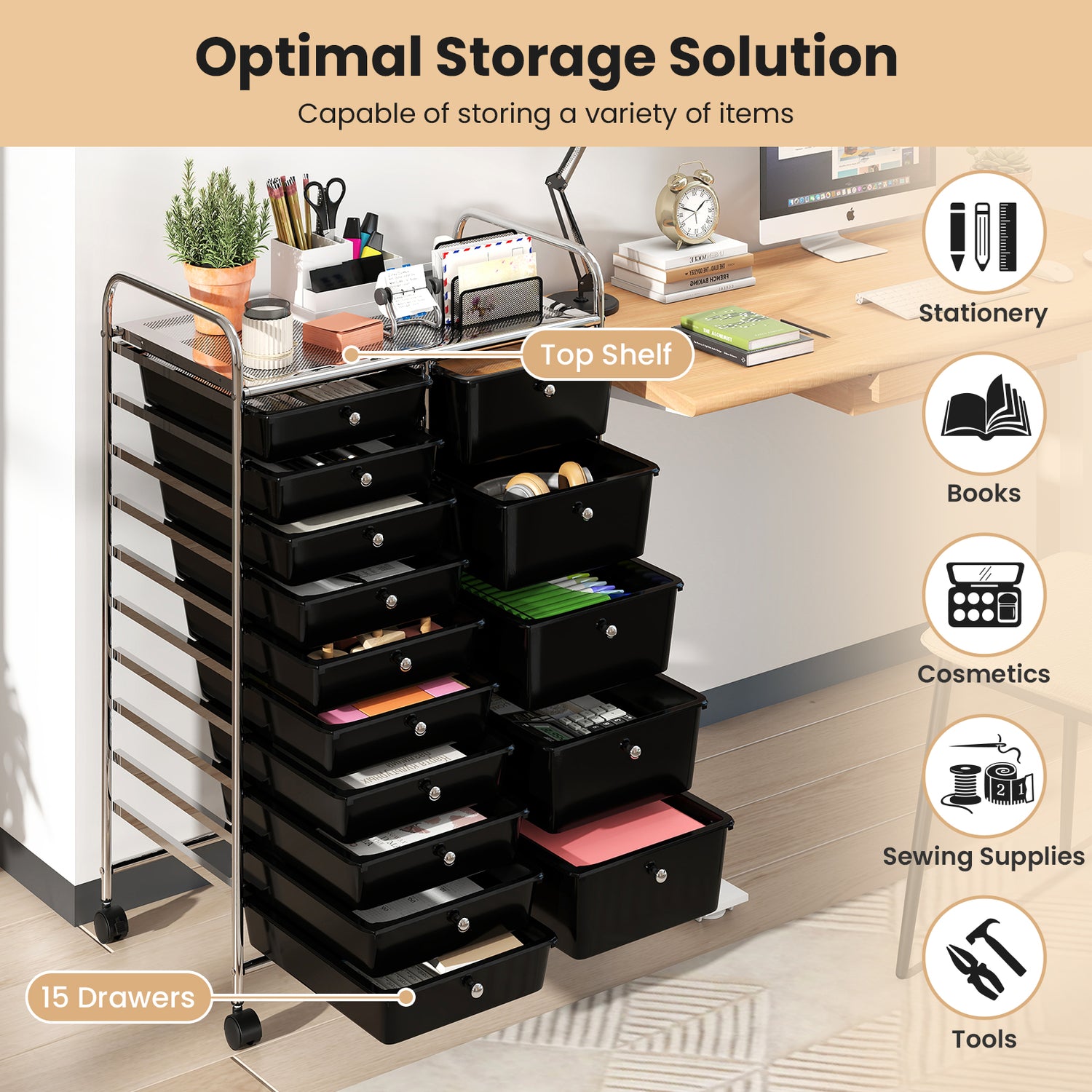 Rolling Storage Cart 15-Drawer Trolley with Chrome Plated Metal Frame