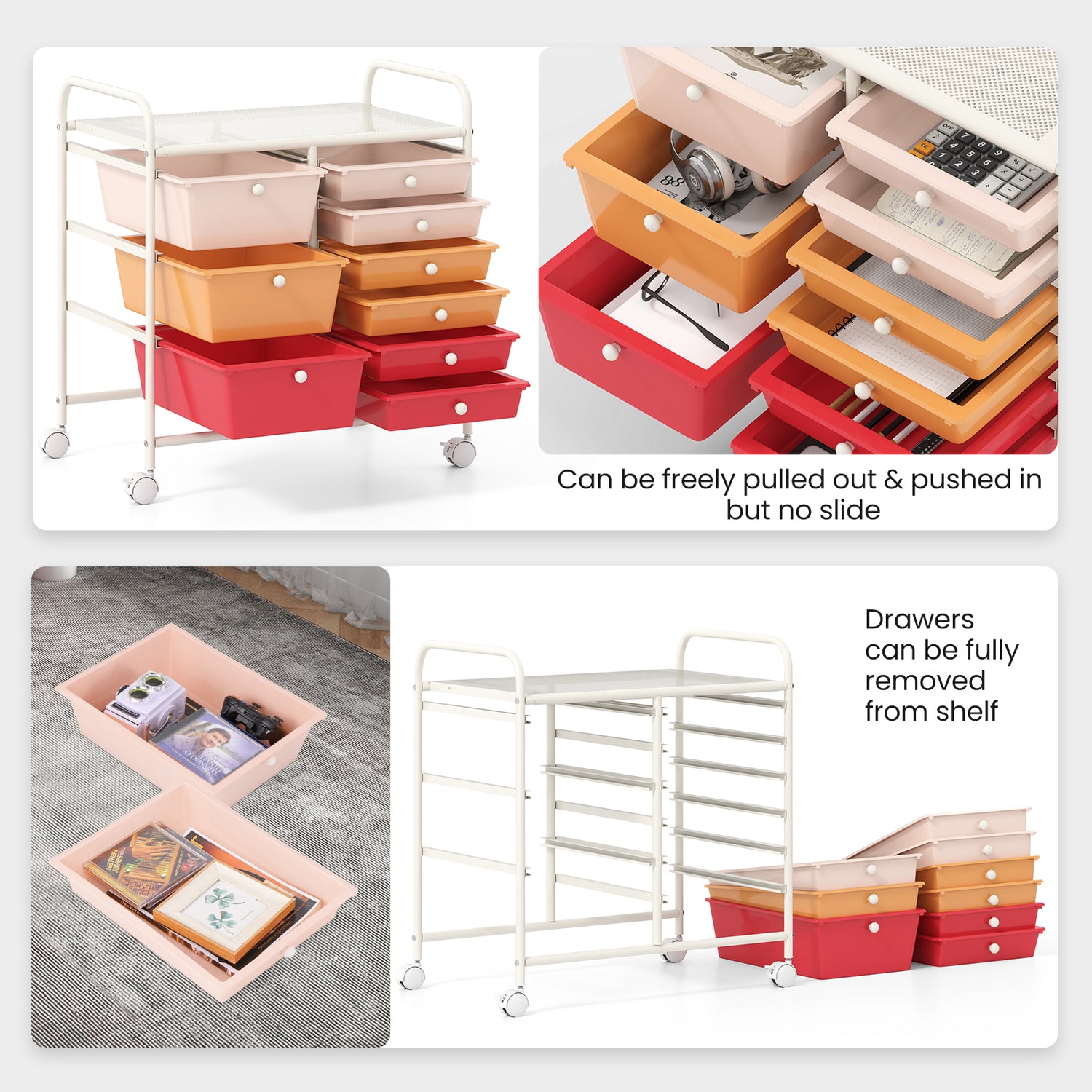 9-Drawer Rolling Storage Cart with Colorful Drawers and Metal Frame